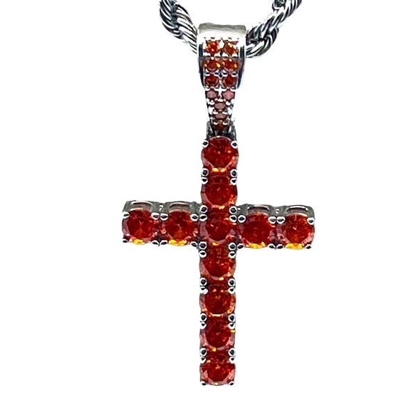 Stainless Steel Chain Necklace With Orange Rhinestone Cross Pendant.   A83 - Picture 2 of 9